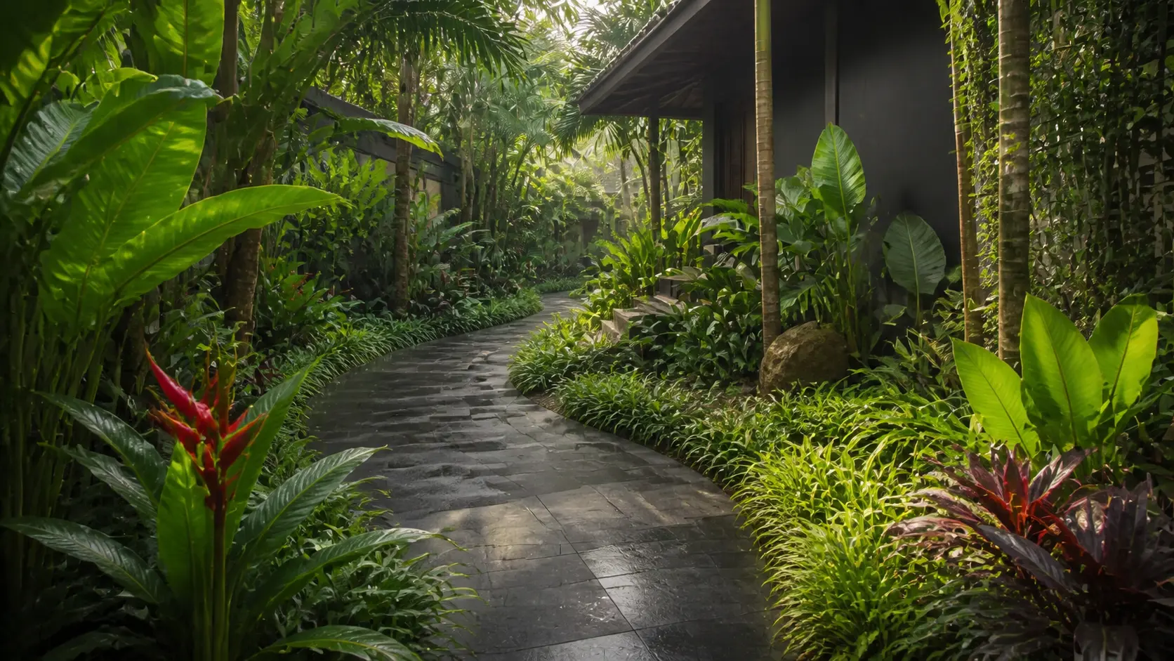 Taman tropis minimalis dengan jalur batu dan tanaman rimbun